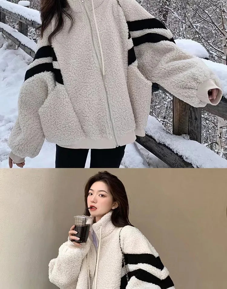 Women Causal Color Block Fleece Jacket Drawstring Zip Up Loose Contrast Striped Warm Winter Coat for Daily