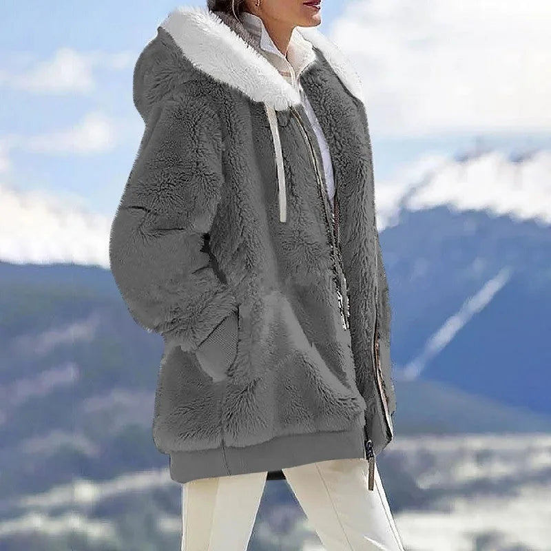 New Style Winter Fashion Women's Coat Casual Hooded Zipper Ladies Clothes Cashmere Women Fleece Jacket Solid Color Ladies Coats