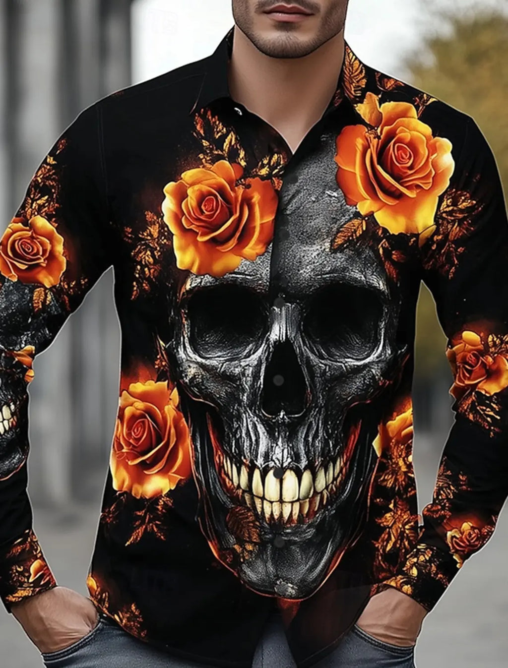 Skeleton Rose Skulls Men's Long Sleeve Shirt Button Up Shirt  Gothic Style Streetwear Turndown 3D Print Shirts Men Clothing