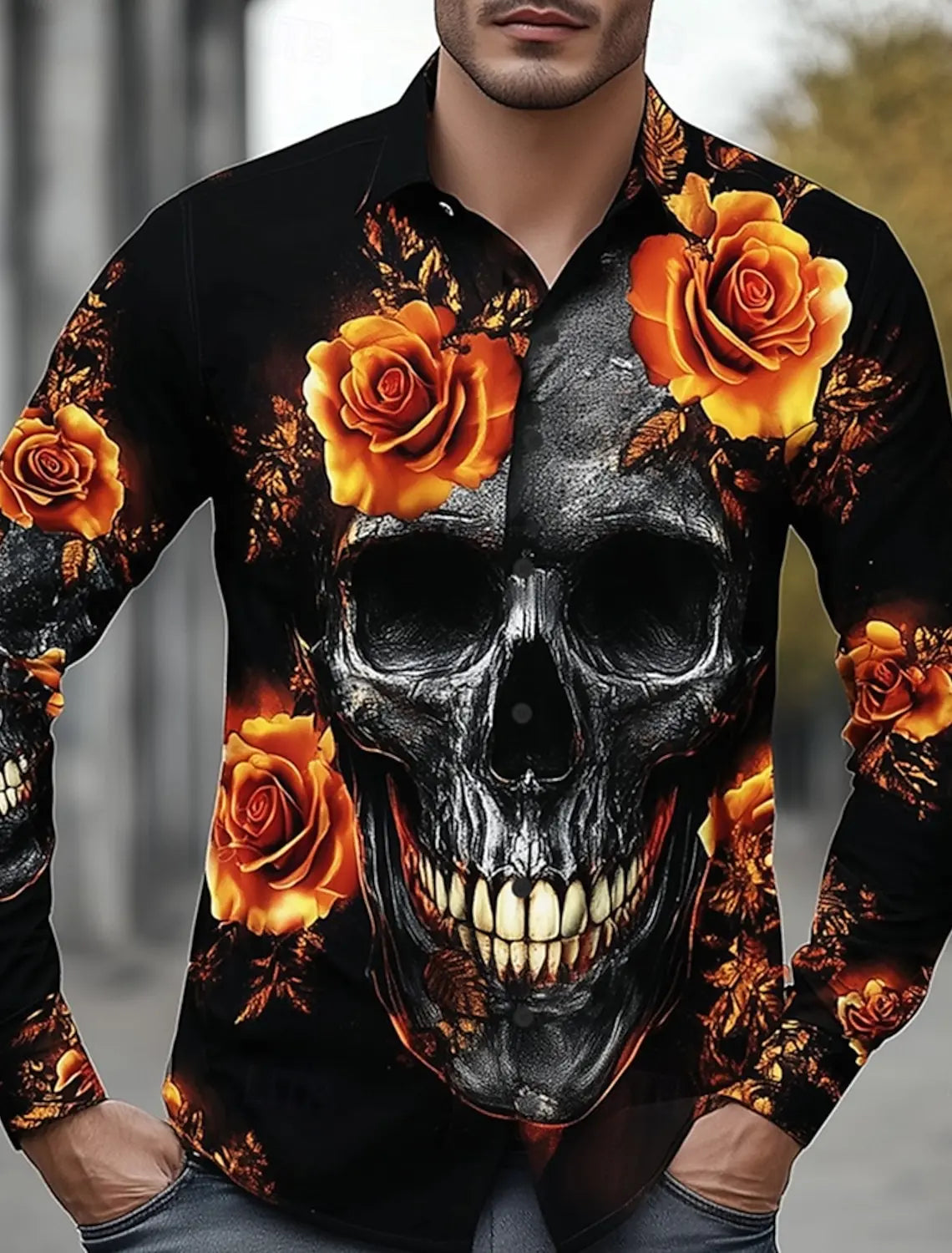 Skeleton Rose Skulls Men's Long Sleeve Shirt Button Up Shirt  Gothic Style Streetwear Turndown 3D Print Shirts Men Clothing