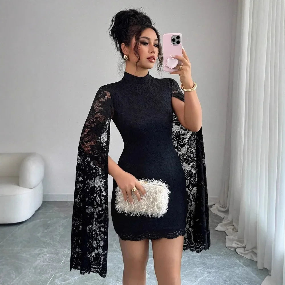 Women Sexy Long Sleeve Lace Dress 2026 Fall Winter, Mandarin Collar Side Slit Slim Midi Dress For Cocktail Dating Night Out
