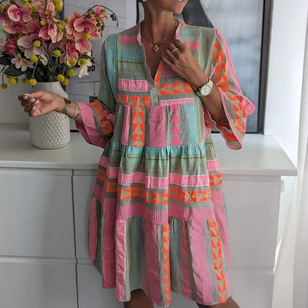 Knee Length Printed Dress Printed Design Breathable Three Quarter Sleeve Dress Loose Fit Comfortable V-Neck Dress Daily Dress