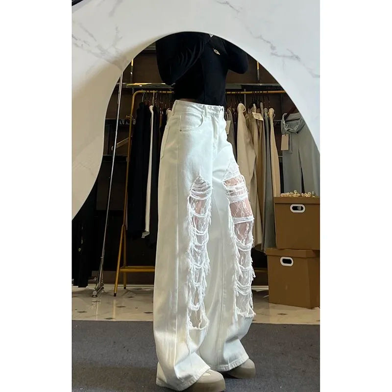 ZHIZOU Women's White Ripped Denim Pants Y2K Harajuku American High Street 2000s Wide Leg Retro Denim Jeans Boyfriend Clothing