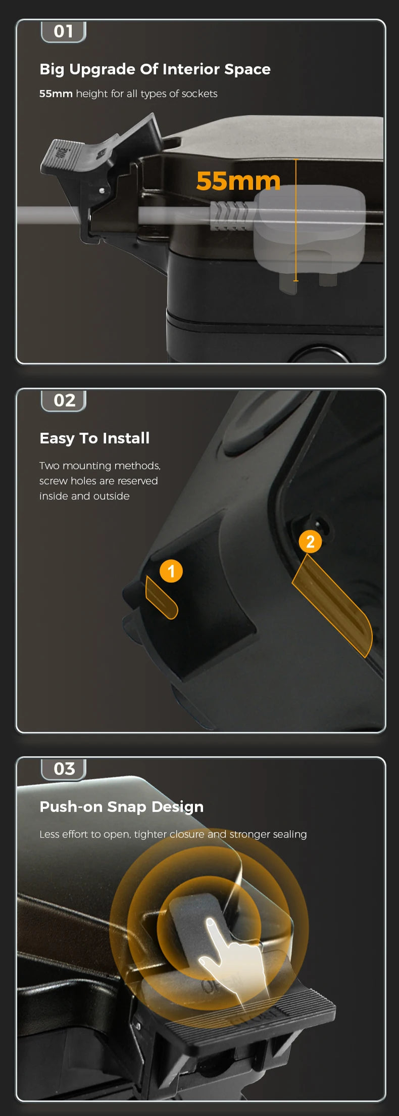 Avoir EU Standard Power Socket IP66 Weatherproof Black Box 16A Outdoor Electrical Outlet With Indicator Wall Dustproof Plug 220V