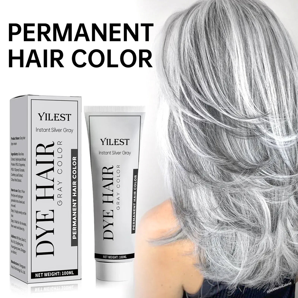 Smoky Silver Grey Hair Dye Cream 100ml - Quick Coloring, Long-Lasting & No Damage DIY Styling for Professional Look.