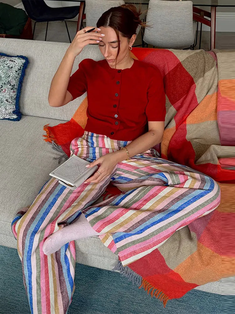 Colorful Striped Wide Leg Trousers Women Bohemian High Waist Multi-color Panelled Slim Straight Pants Fashion Lady Beachwear New