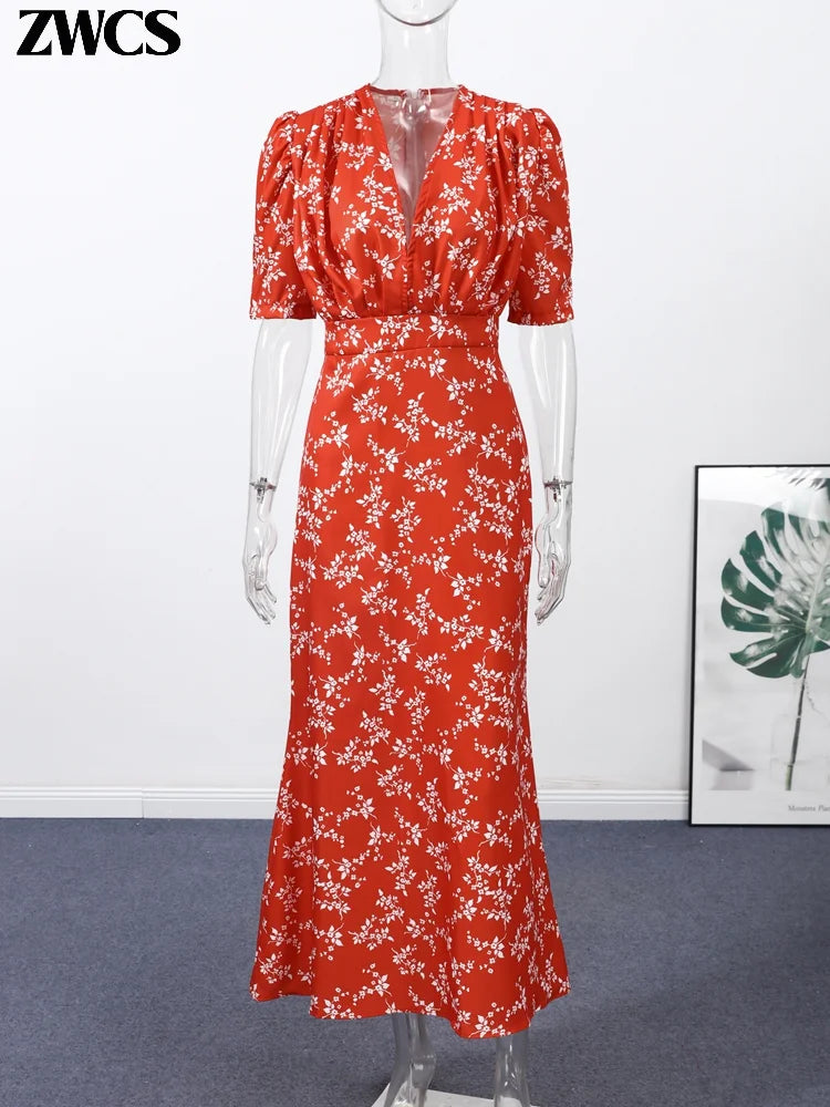 Sexy Deep V-neck Women's Floral Print Dresses 2026 Summer Elegant Waist-cinching Short Sleeve Pleated Long Robes Ladies Dress