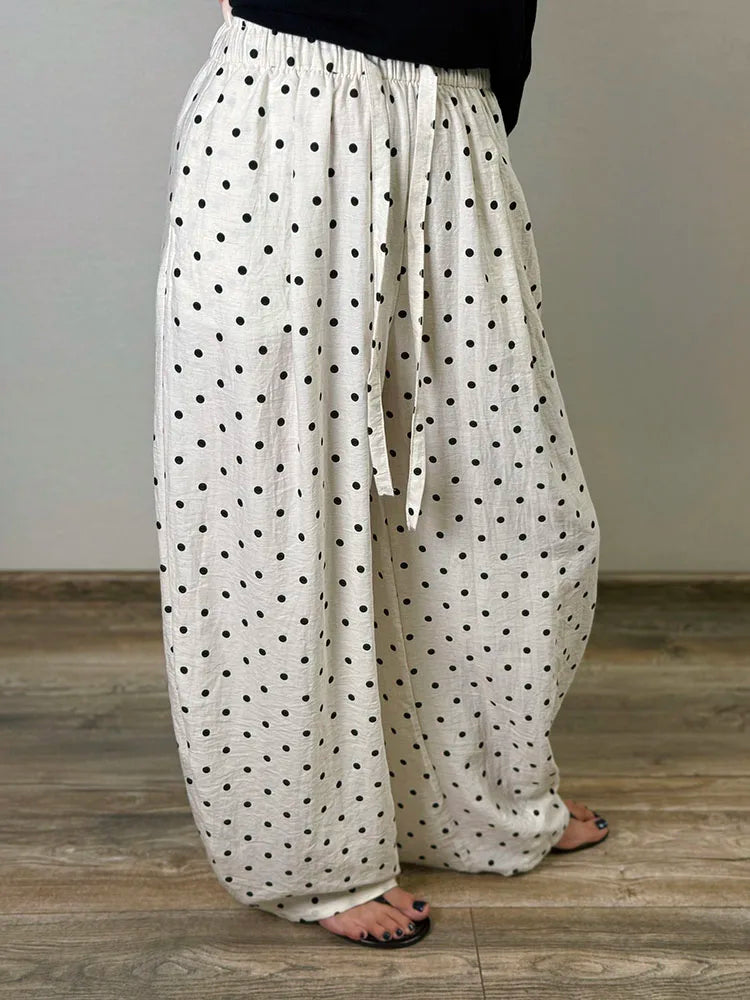 Polka Dot Cotton Linen Pants White Women Wide Leg Summer Spring Baggy Trousers For Woman High  Waist Linen Loose Pants Women