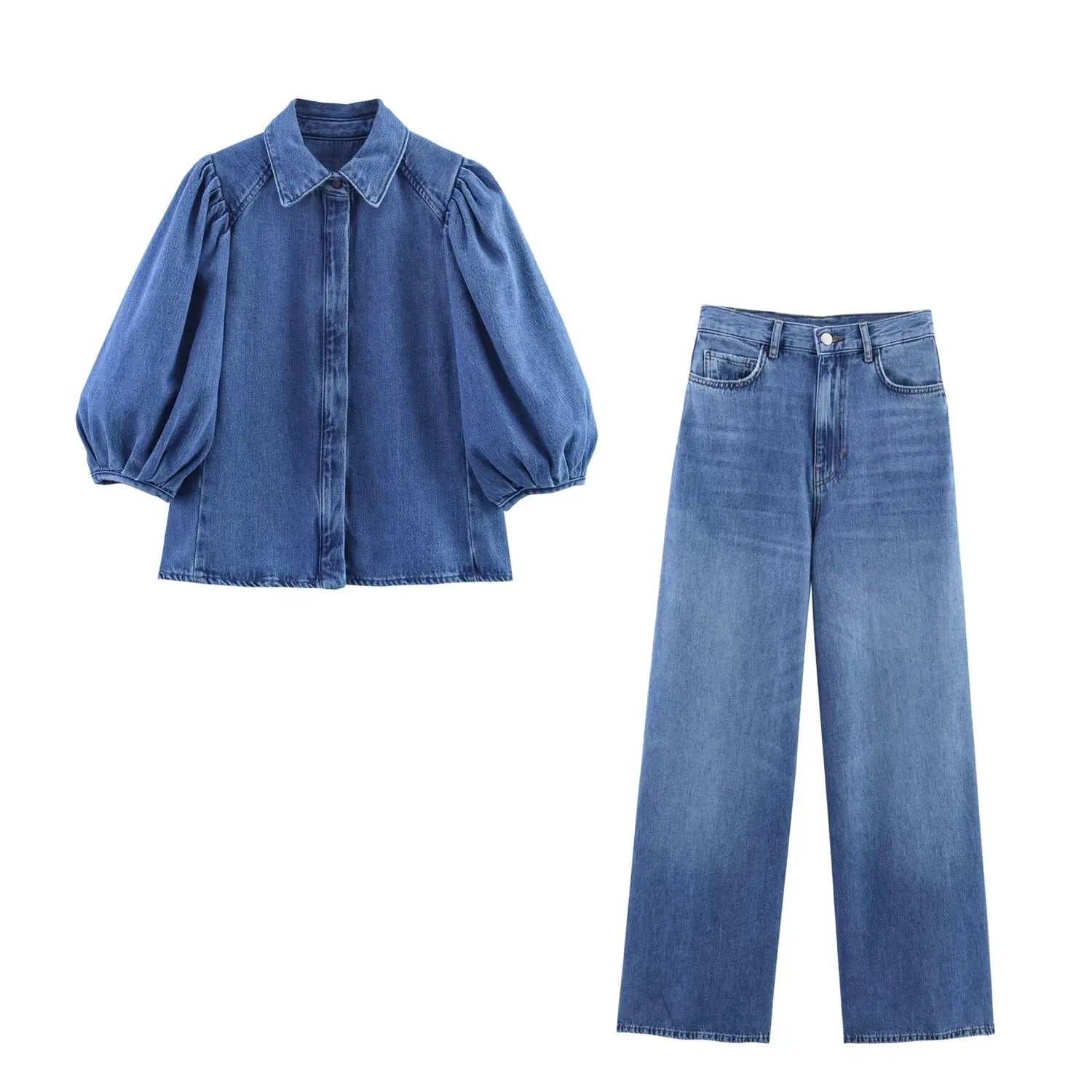 HH Women Summer New Fashion Thin Single-breasted Loose Folds Denim Shirt+High Waist Zipper Pocket Wide-leg Casual Pants Suit