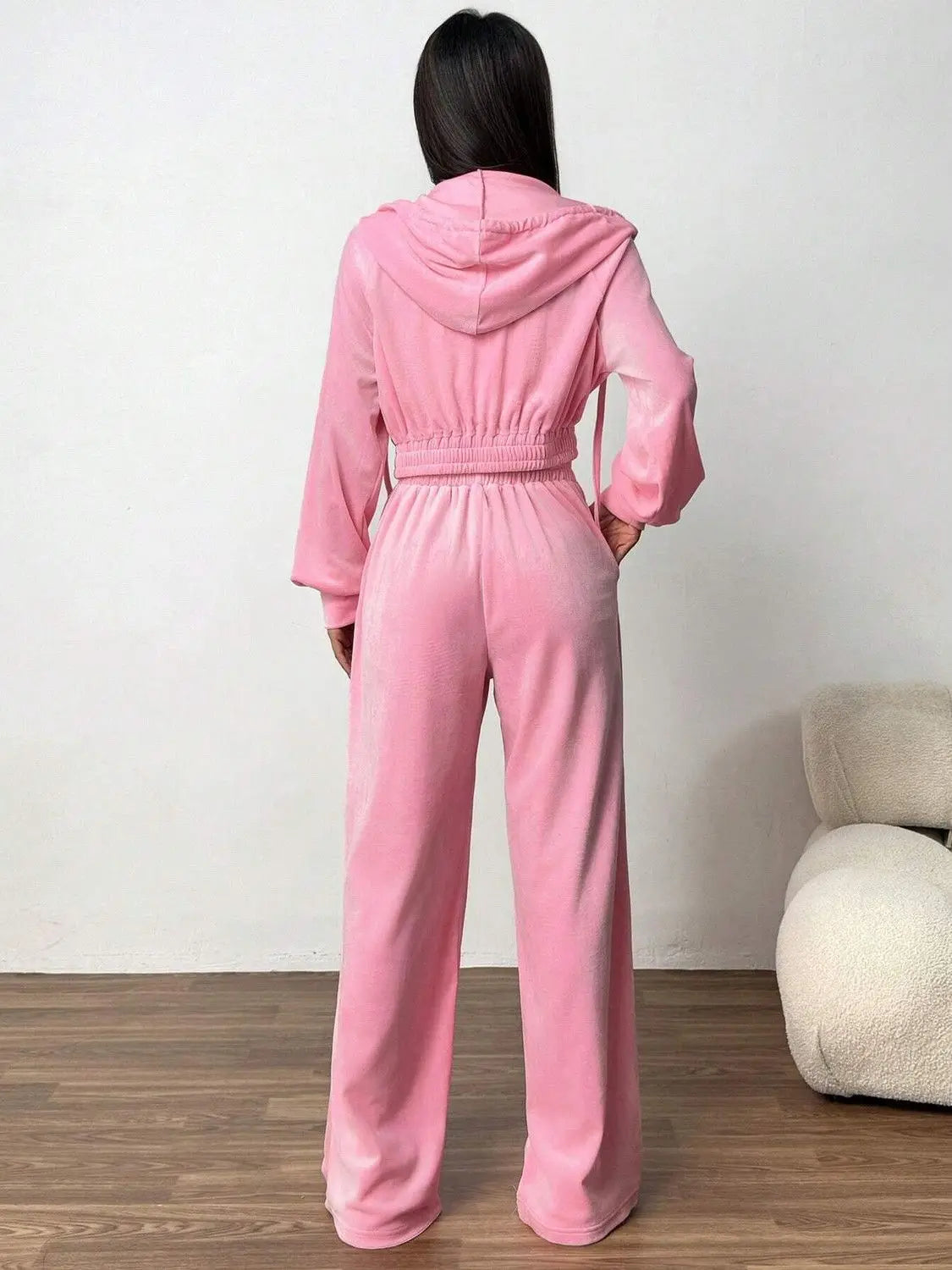 Women's Pink Velvet 2-Piece Activewear Set Zip Cropped Hoodie + Wide Leg Pants Fashionable Casual Waist Slimming Versatile Style