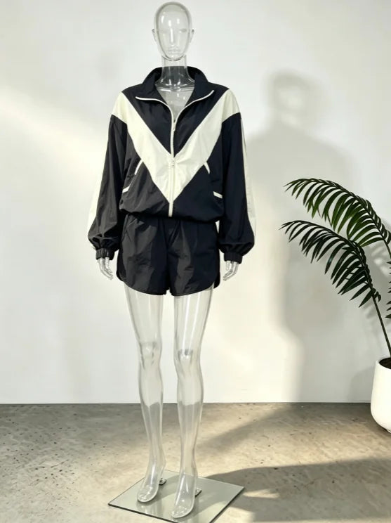 Lady'snavy Chevron Stripe Windbreaker Tracksuit Zip Cropped Jacket Contrast Trim Shorts 2026 Casual Sport Daily Jogging Street
