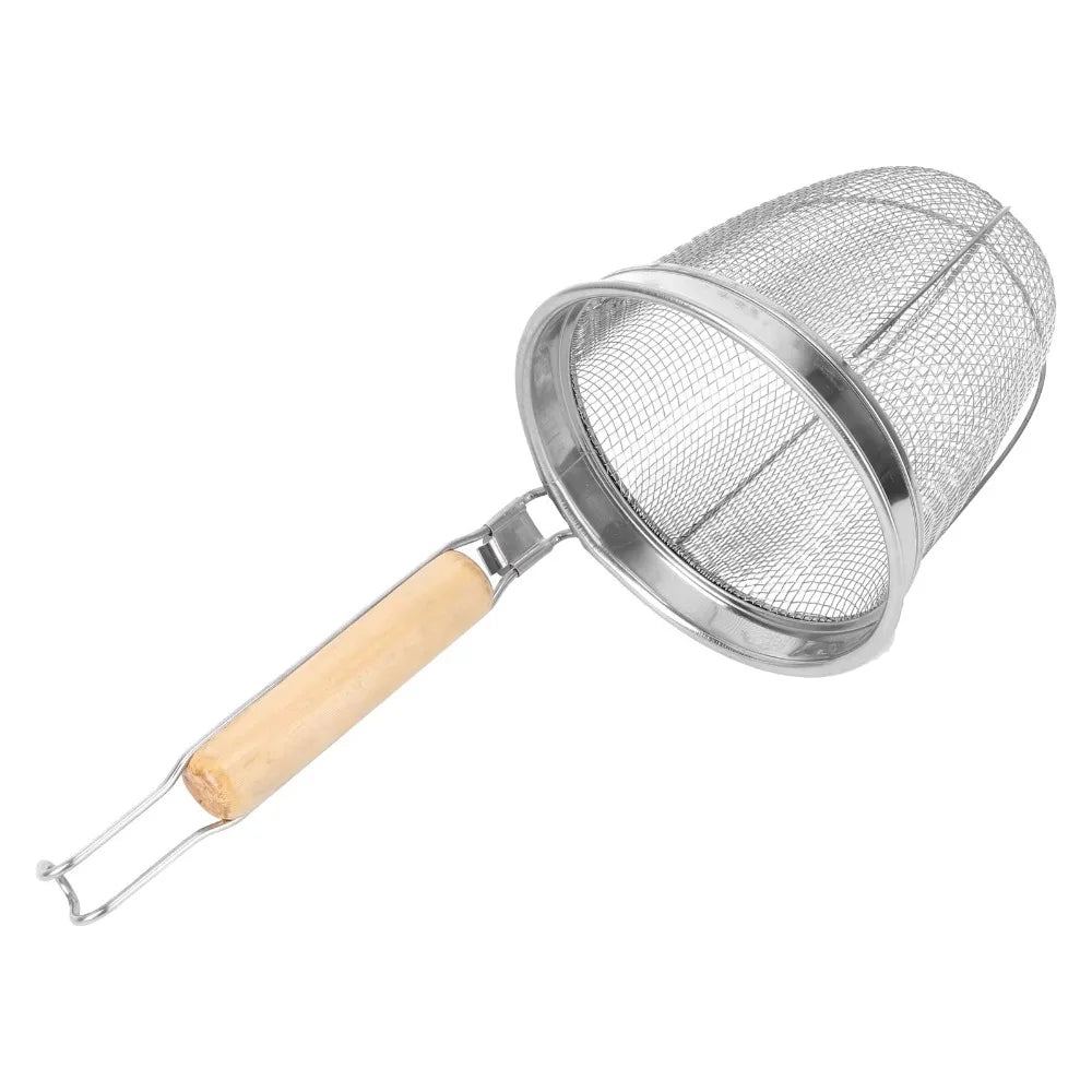 Durable Stainless Steel Noodle Funnel Wooden Handle Pasta Basket Strainer Multifunctional Fine Mesh Sieve Spoon Kitchen Gadgets