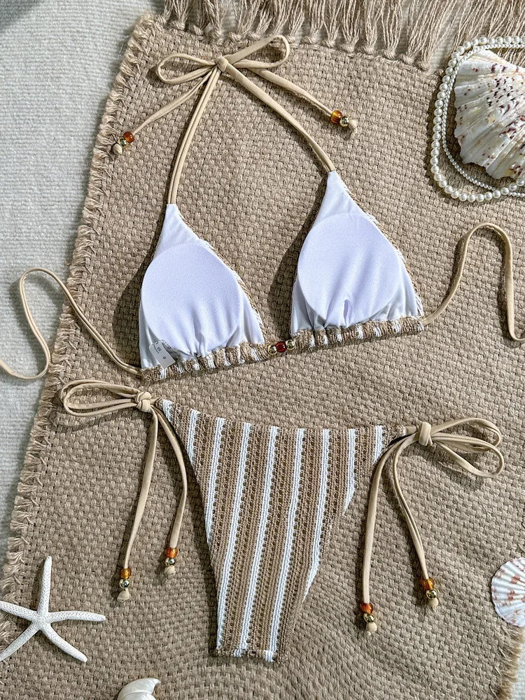 2026 Summer Women's Striped Knitted Solid Color Bikini Set Sexy Fashion Beach Vacation Bandage Swimsuit