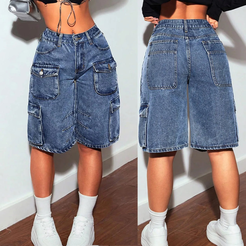 Shorts Women Knee Length Cargo Jeans Multiple Pockets High Waist Washed Distressed Streetwear 2025 Summer Denims Short Pants