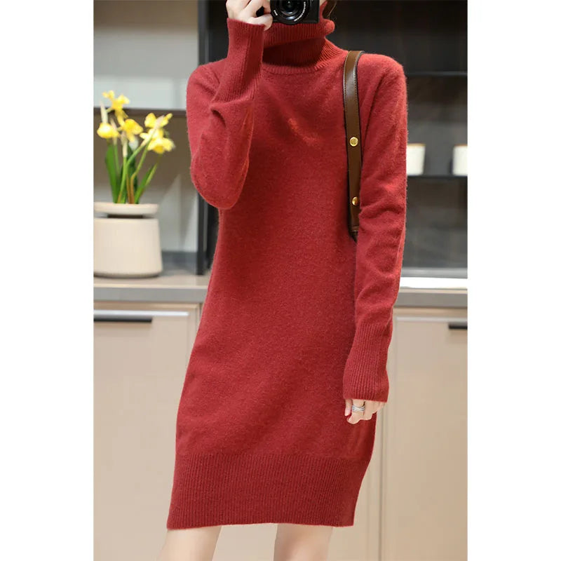 Elegant Cashmere Sweater Womens Dresses 100% Merino Wool Autumn Winter Turtleneck Knitted Dress Female Casual Long-Sleeve Skirts