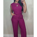 Fashion Solid 2 Piece Set For Women Casual Sleeveless O Neck Short Tops+High Waist Wide Leg Pants Sets High Street Clothes New