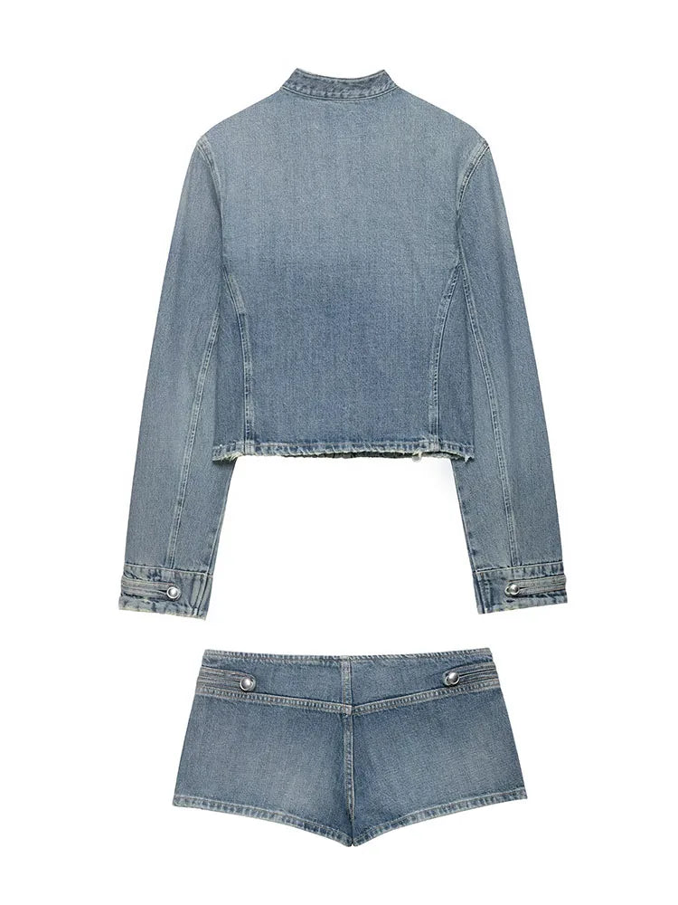 HH Women Shorts Suit Versatile Splicing Button Decoration Casual Denim Jacket+2026 Fashion High Street Low Waist Mini Shorts