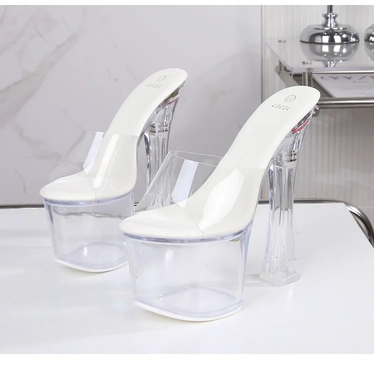 Glowing Crystal High Heels 17cm Nightclub Shoes Sexy Transparent Waterproof Platform Showgirl Stiletto Women's Sandals