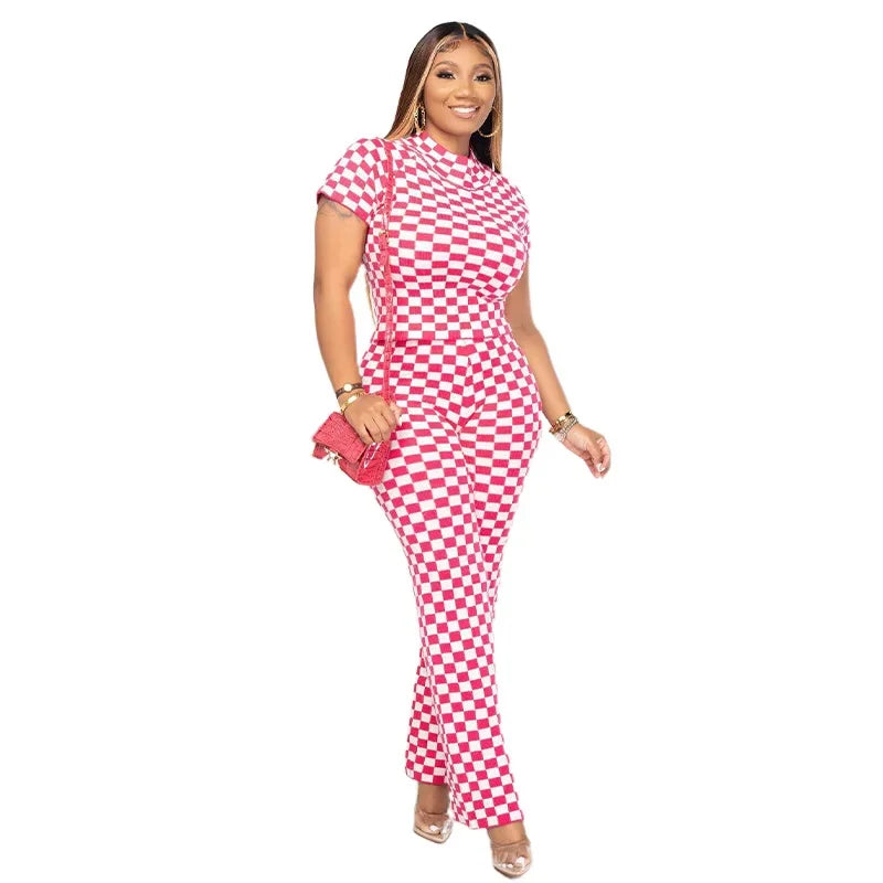 European and American Women's Fashion Fashion Design New Women's Spring Small Pit Strip Printed Checker Slim Two-piece Set