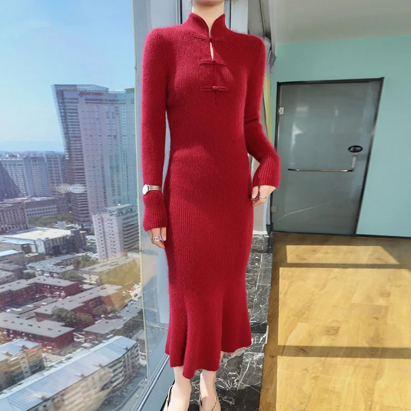 100% Mink Cashmere Knitted Dress Ladies Stand Collar Buckle Long Skirts Retro High Waist Over Knee Slim Dress New Thick Sweater