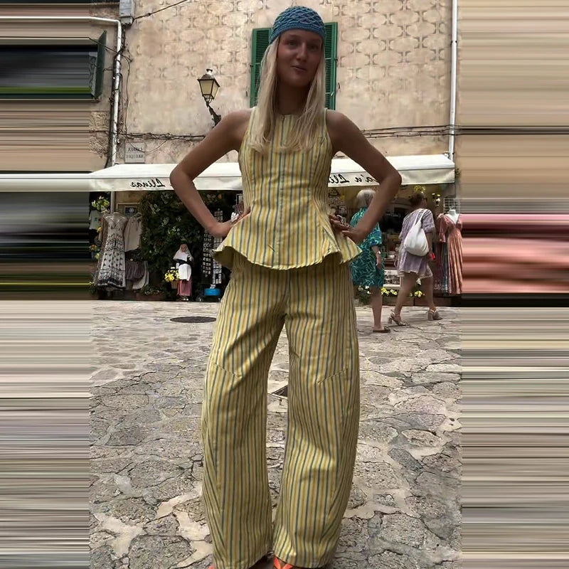 Casual Striped Pleated Vest Pants Women's Set Elegant Sleeveless O-neck Top Wide Leg Trousers 2026 Summer Vacation Lady Outfit