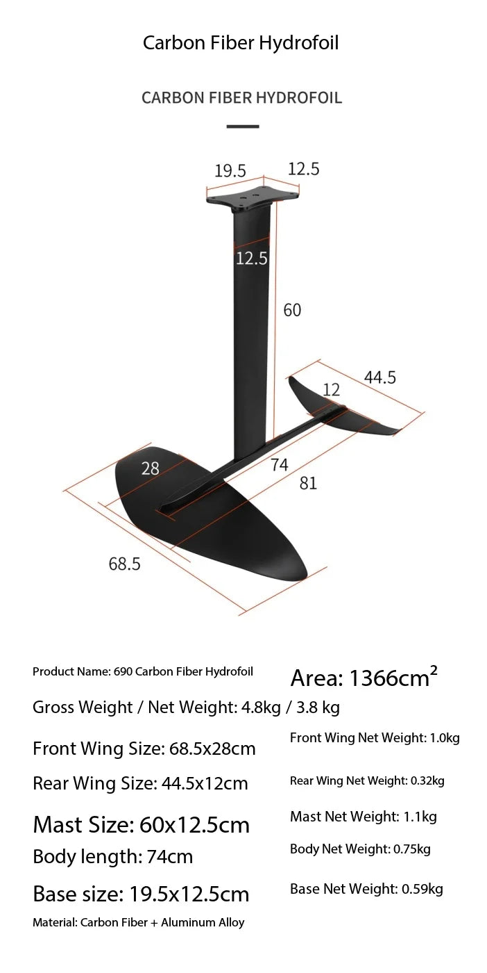 Carbon Hydrofoil Board Wing Surf Gear,Unpowered Thruster,Inflatable Foil Board for Wing SUP, Kite Surfing,Kite Foil Water Sports