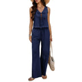 Women's Summer Comfortable Casual Simple Solid Color Two-piece Set Fashion Sleeveless V-neck Strap Short Top Wide-leg Pants Sets