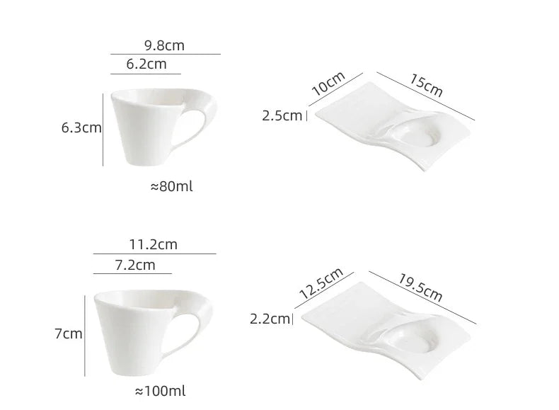 European Ceramic CoffeeCups Set with Wave Shape Plate 80 100 180 and 280ml Modern Minimalist White Cappuccino Latte Dessert Dish