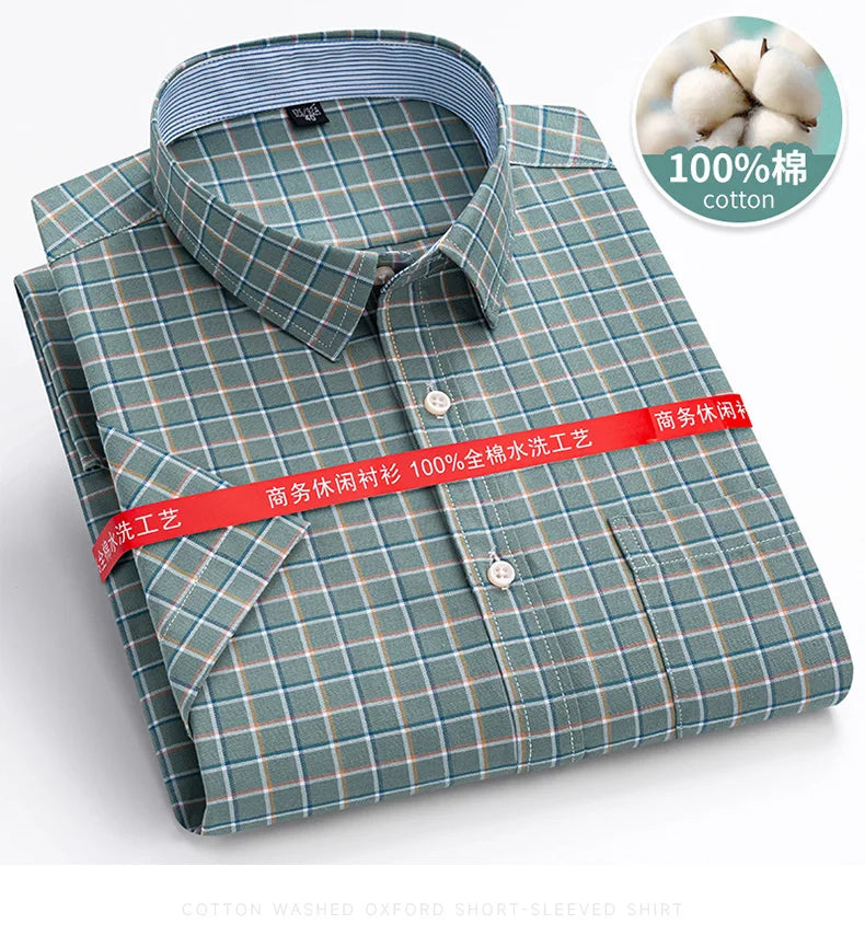 100%Pure Cotton Oxford Men's Shirts Short Sleeve Plaid Soft Regular Fit Formal Dress Shirt Social Blouse Male Clothes 6XL 7XL