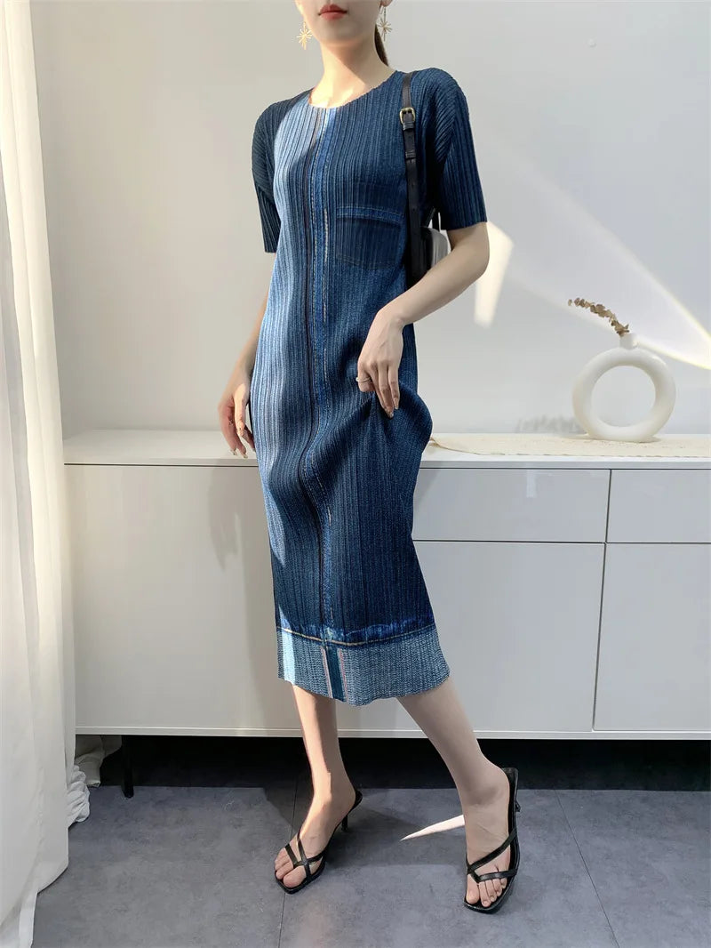 Miyake Pleated Imitation Denim Dress 2025 Summer New Mid-length Slim and Thin Short-sleeved Pleated Skirt