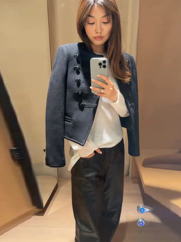 Fashion Black Court Style Cropped Jacket For Women Elegant O-neck Long Sleeve Double Breasted Coat Lady 2026 Spring Chic Outwear
