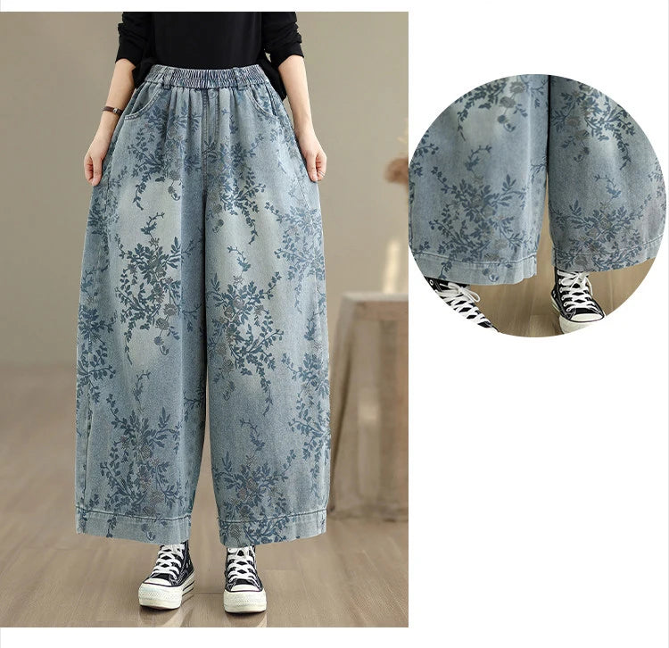 Spring Summer Retro Printed Denim Pants for Women Good Quality Elastic Waist Jeans Loose Casual Wide Leg Straight Trouser