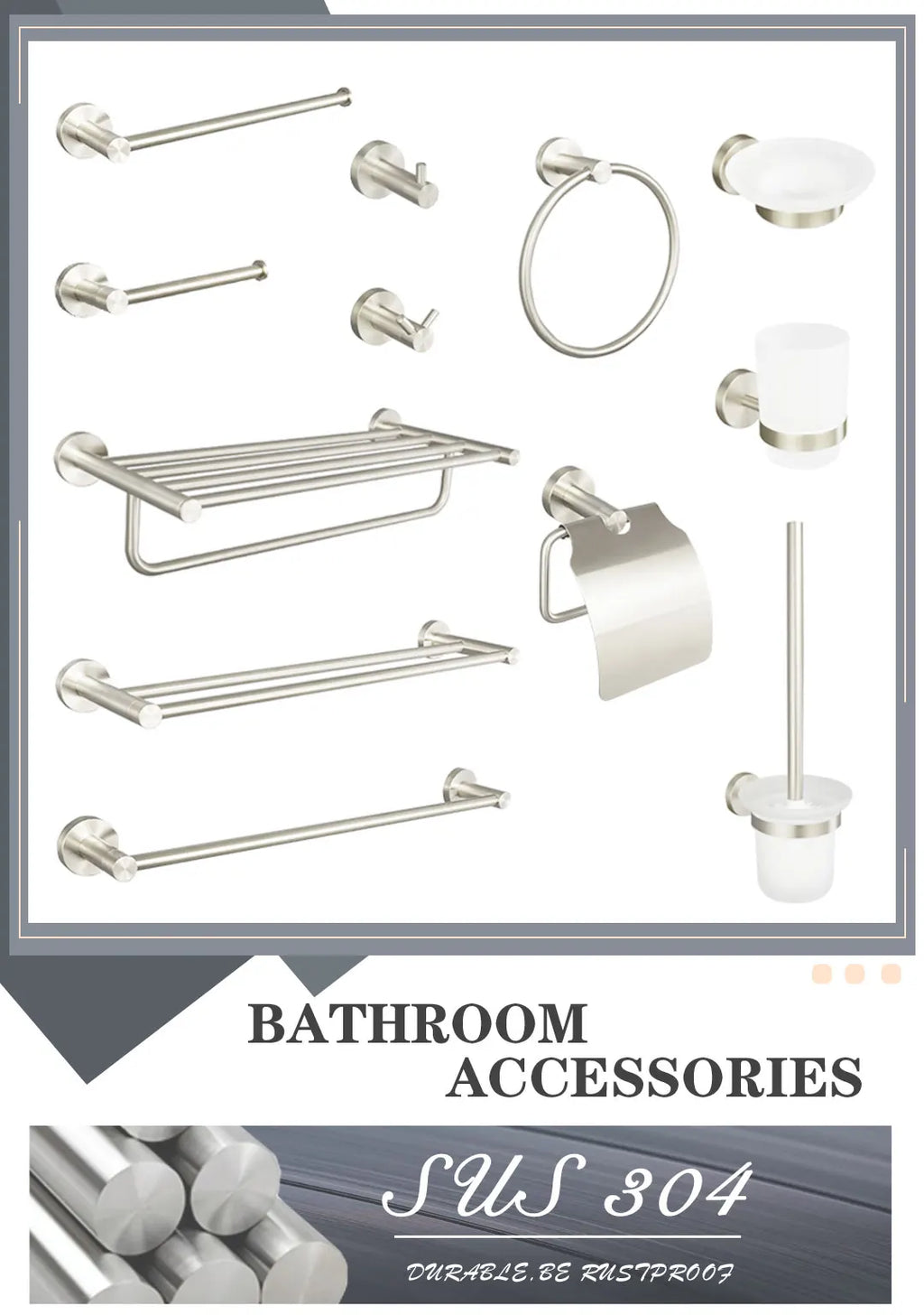 Brushed Nickel Wall Mount Stainless Steel Bathroom Hardware Set Towel Bar Towel Ring Paper Holder Robe Hook Bathroom Accessories