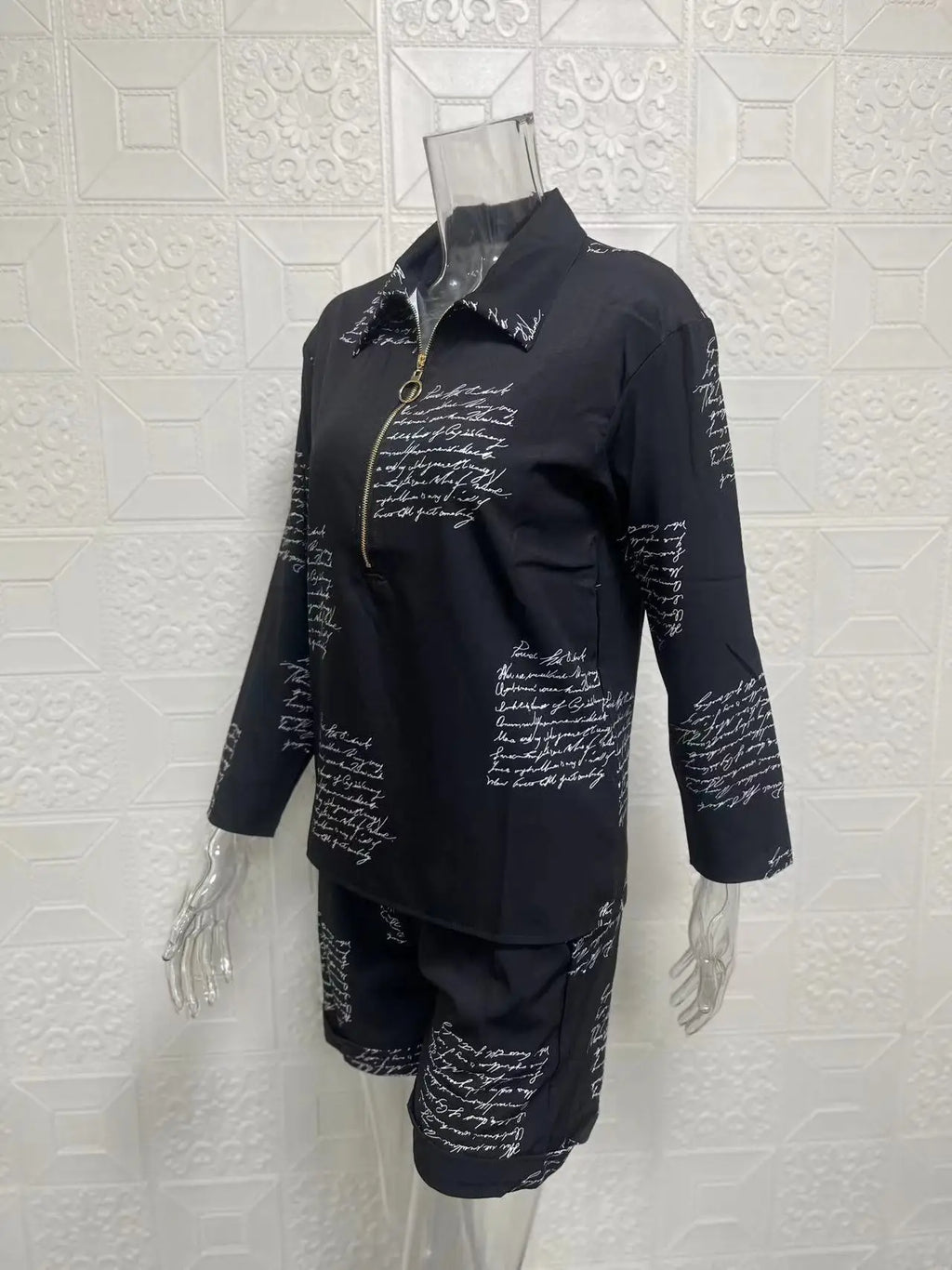 Summer Women's Letter Print Shirts Two Piece Sets Casual Turn-down Neck Long Sleeve Zipper Blouses Shorts Suits Loose Streetwear