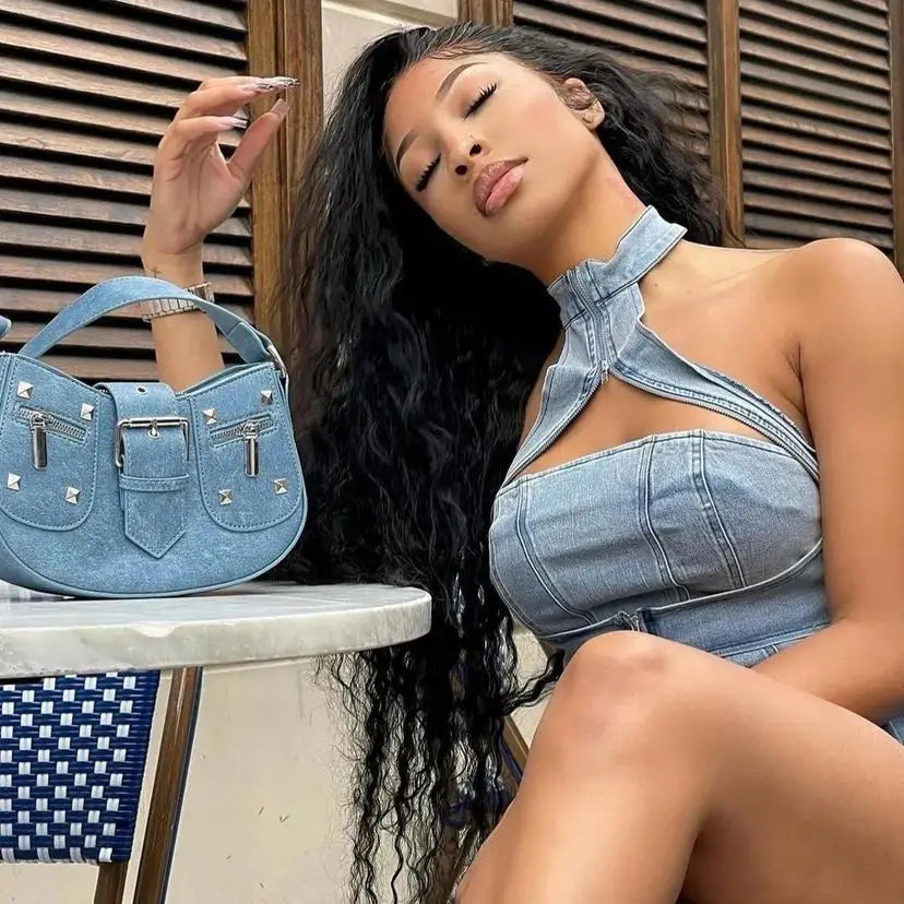 Streetwear Jeans Mini Skirt Outfit Sexy Women Elegant Two Pieces Denim Club Matching Set Top+Mini Skirt