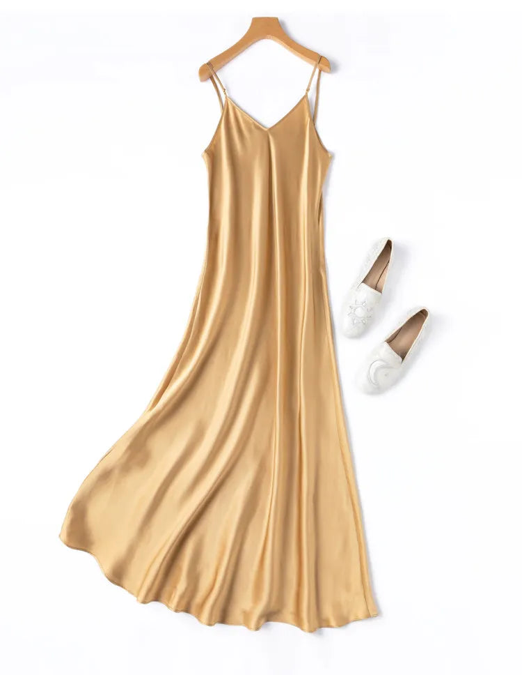 Tcyeek Woman Long Dress, 100%Real Silk, V Neck, Solid Spaghetti Strap Dresses, 2025 Elegant Chic Clothes