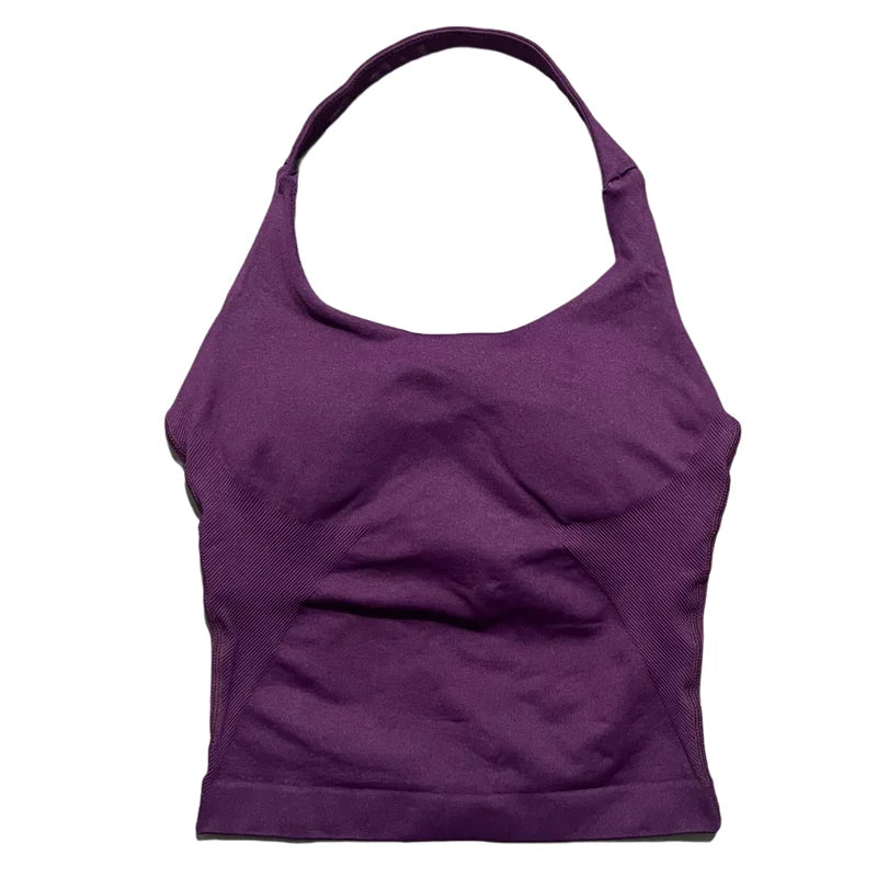 HISTELLO Sports Halter Top Seamless Women Sexy Yoga Clothing Backless Gym Tank Tops Push Up Workout Vest Running Fitness Bra Top
