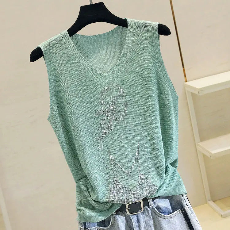 2025 Summer Hot Rhinestone Sleeveless Vest Women's Spring New Style V-neck Loose All-match Sling Knitted Top Girl T-shirt Green