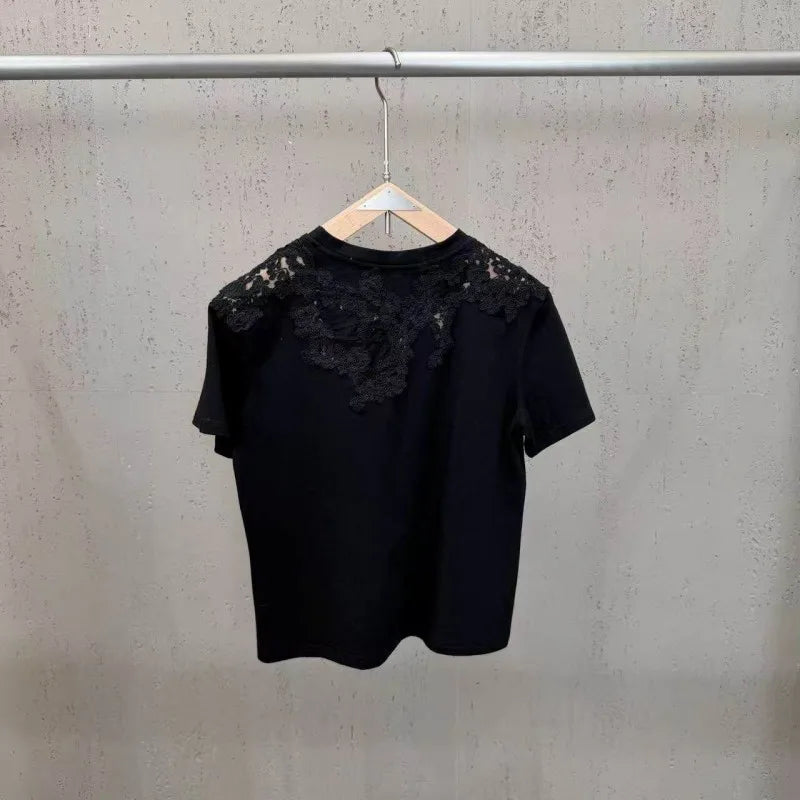 New 2026 Summer Women Casual T Shirts Short Sleeve Spliced Lace Embroidery Solid Color Ladies Fashion O Neck Pullover Tees Tops