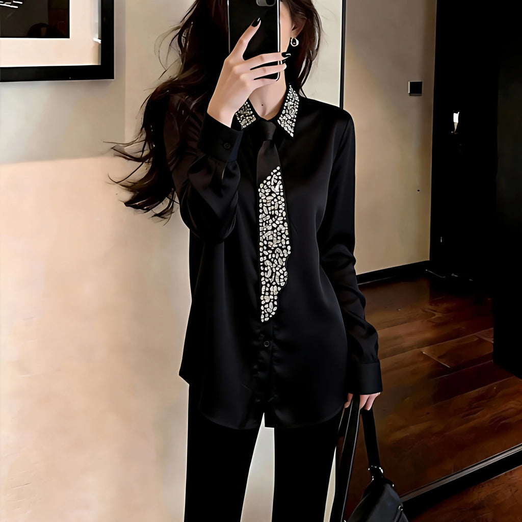 Ele Chic Bla Rhinestone ort Spring irt Korean Sle Faionable Unique Beautiful High-End Feelings Commute Sle