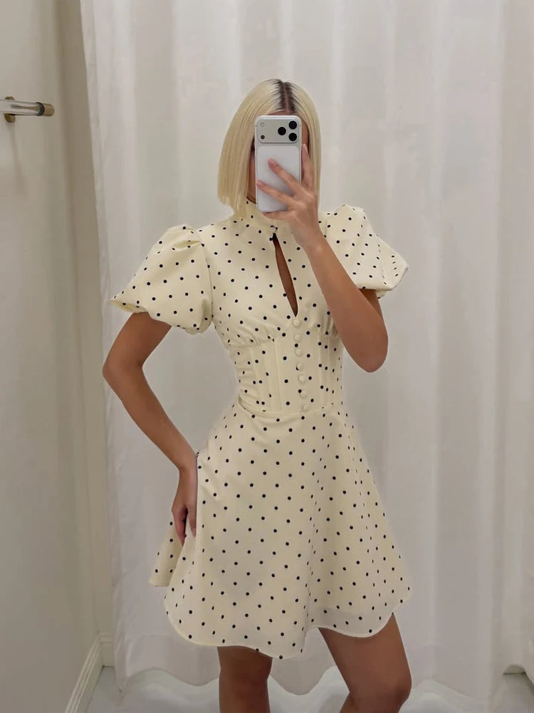 Retro Polka Dot Mini A-line Dress Elegant Stand Collar Puff Short Sleeve Waist-cinching Dresses 2026 New Lady Party Gowns