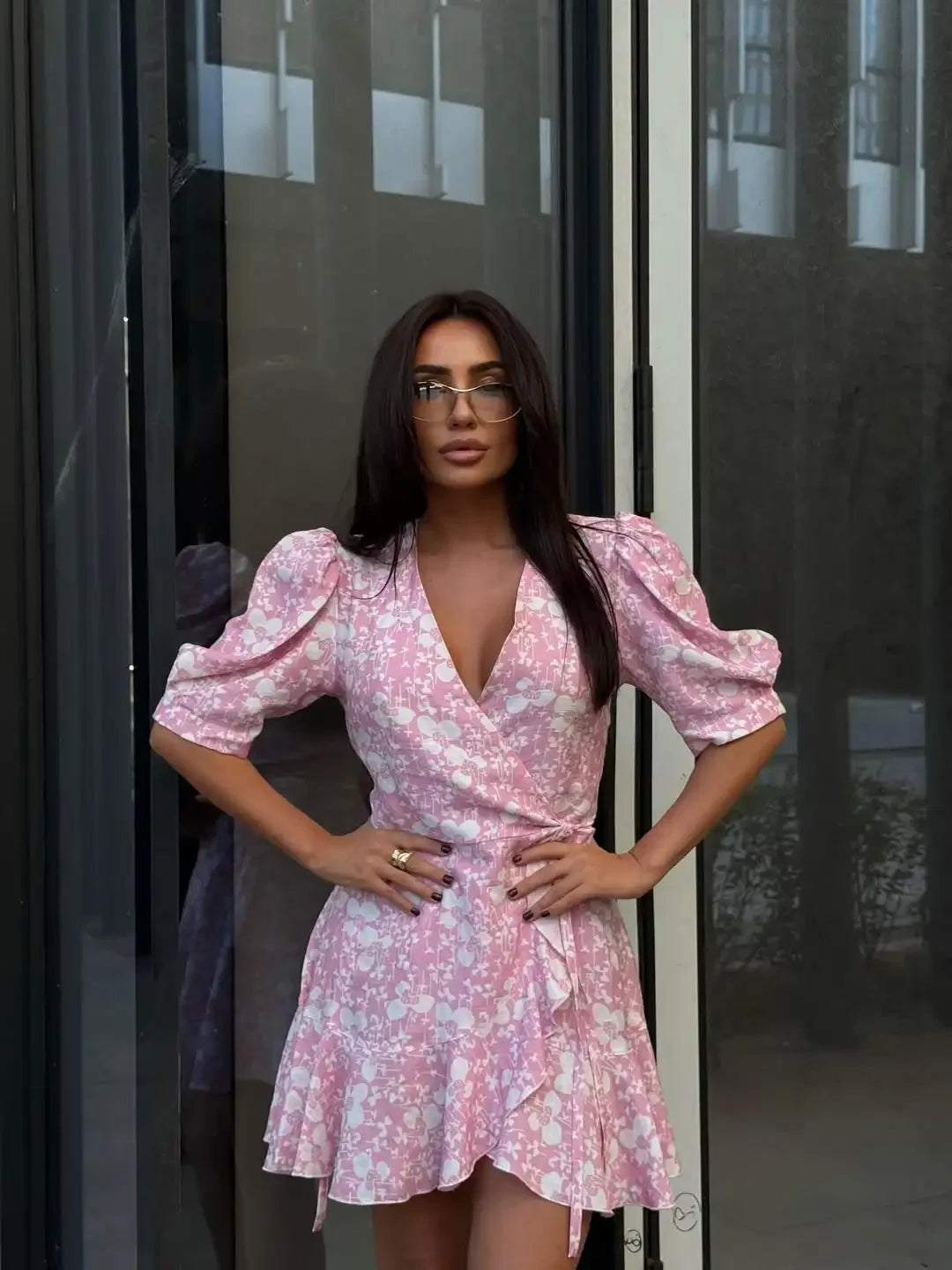 Fashion Women V Neck Printed Short Dress Puff Sleeve Waist-cinching Lace Up Mini Dresses Lady Chic Daily Street Gown 2026 Summer