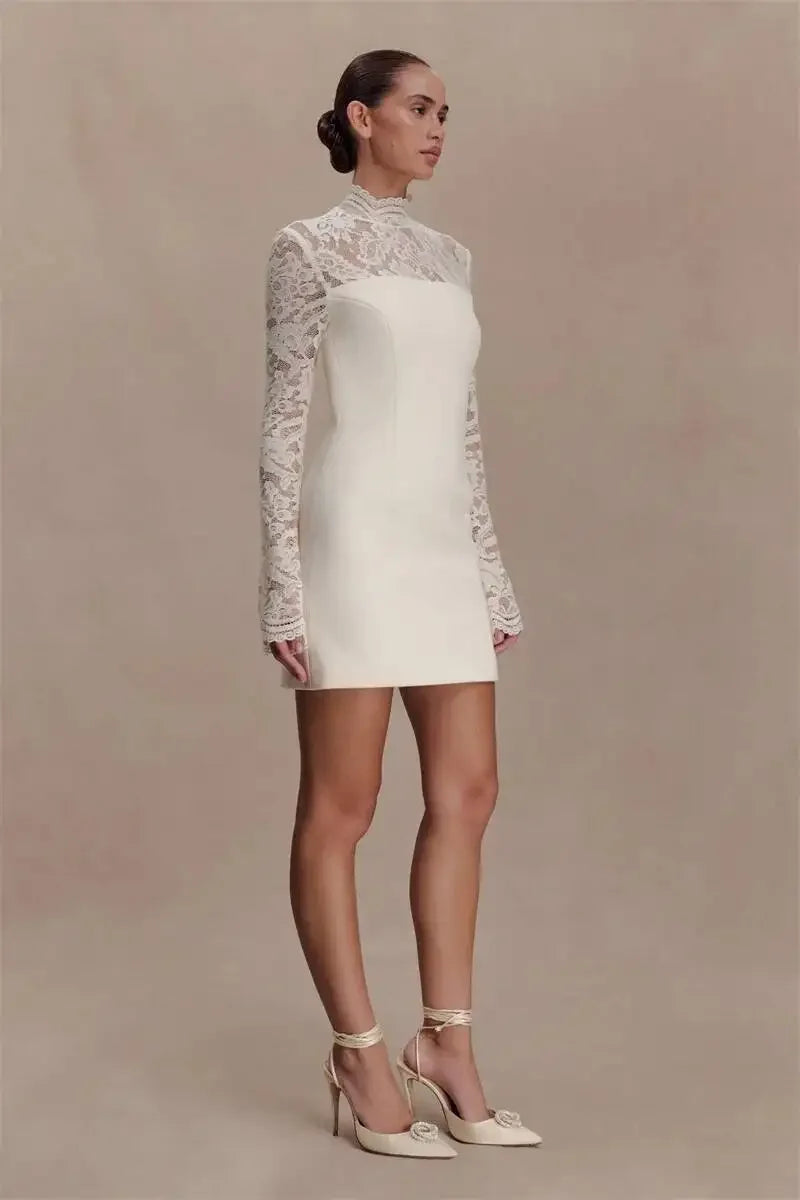Women Elegant Lace Patchwork Sexy Mini Dress Fashion High Neck Long Flare Sleeve Backless Bodycon Club Party Dresses