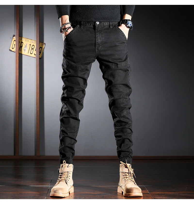 Streetwear Fashion Men Jeans Elastic Stretch Slim Fit Spliced Designer Casual Cargo Pants Hombre Hip Hop Joggers Men Overalls