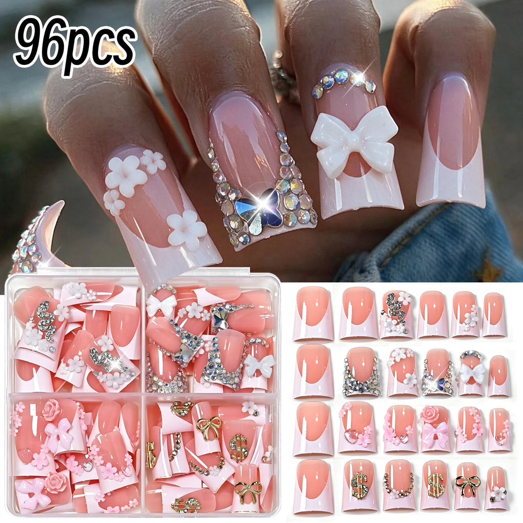 96pcs/box Short Square Cat Eye Press On Nails 4colors Glossy Glitter Cat Eye French Fake Nails Full Cover Acrylic Fake Nails Y2K