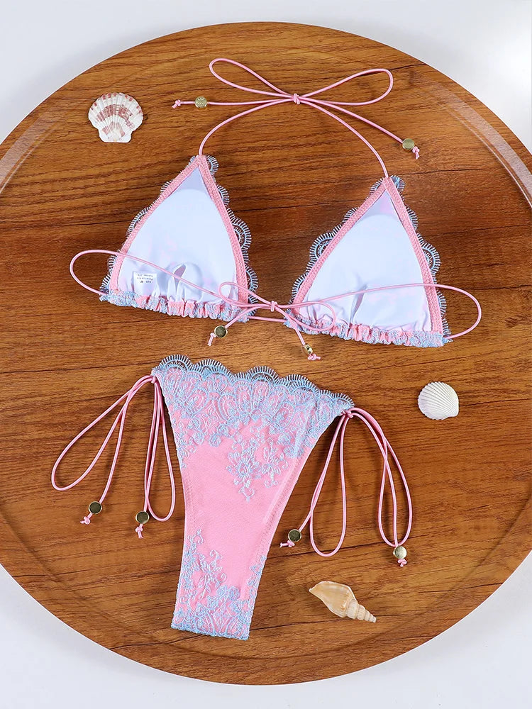 ZRTAK Sexy Lace Bordered Bikini Micro Thongs Bathing Suit Swimsuit Women Biquini Bandage Beachwear Swimwear 2 Piece Bikini Sets
