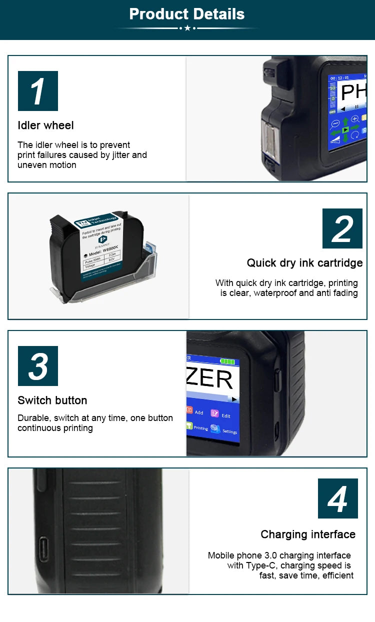 For Hp Phezer 2026 PC98 Mini Printer 28 Languages Portable Printer Handheld Inkjet Printer QR Bar Code Date Logo Expiry Date