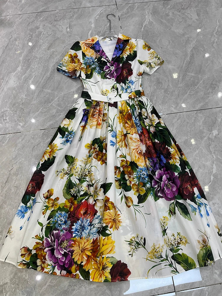 Summer Runway Holiday Flower Shirt Dress Women's Notched V-Neck Short Sleeve Single Breasted A-Line Pleated Midi Vestidos