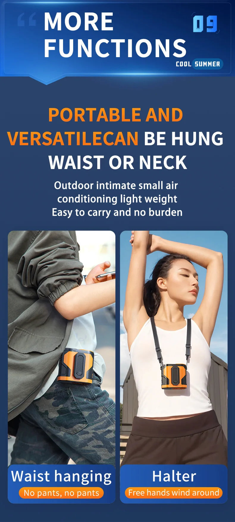 Portable Waist-mount Fan High-speed Cooling Rechargeable Mini Hanging Neck Fan for Outdoor, Construction Site and Food Delivery