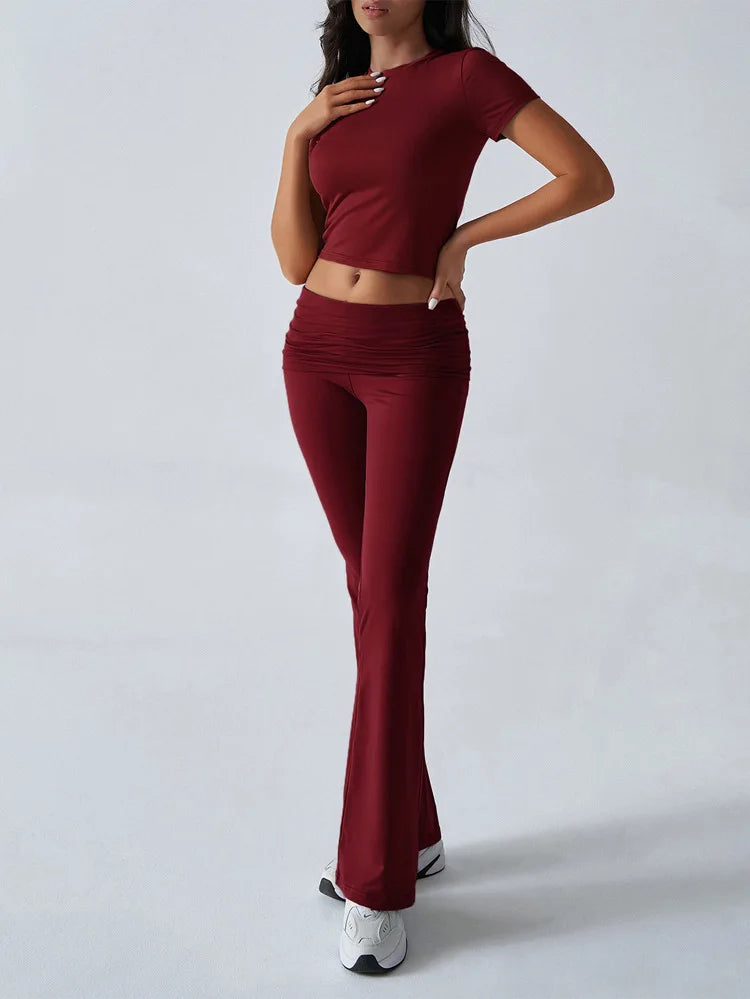 Women's Sexy Tops Suits 2026 Summer Latest Casual Solid Color Yoga Suit Slim Fit Sports Short Sleeved Pants Two-Piece Set Outfit